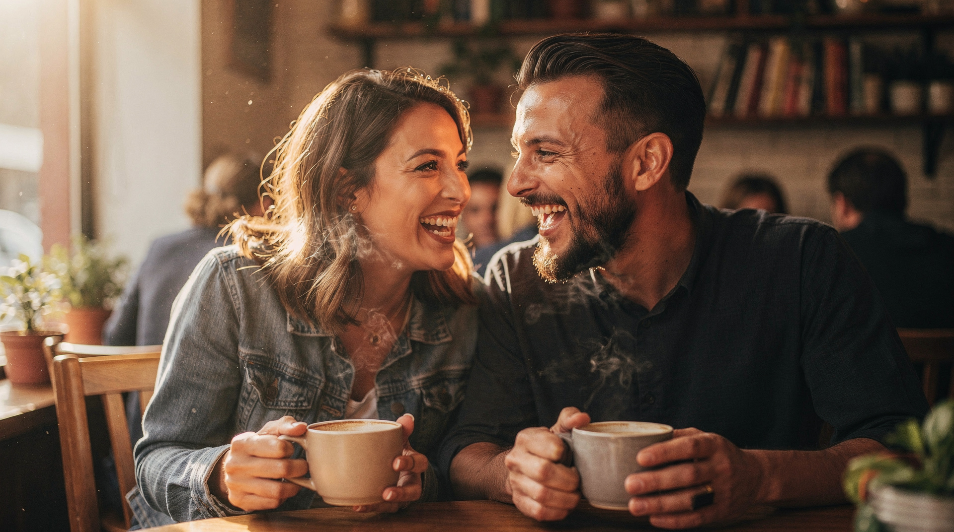 A couple laughing together over coffee