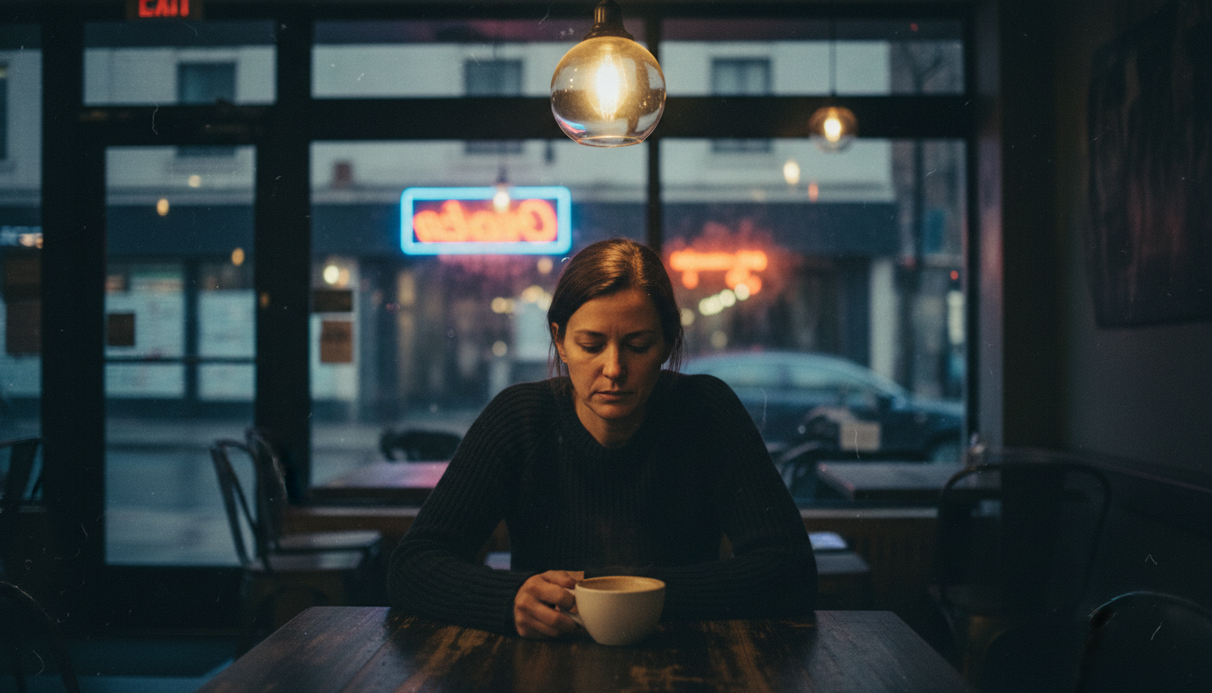 Woman sitting alone at a coffee shop late at night