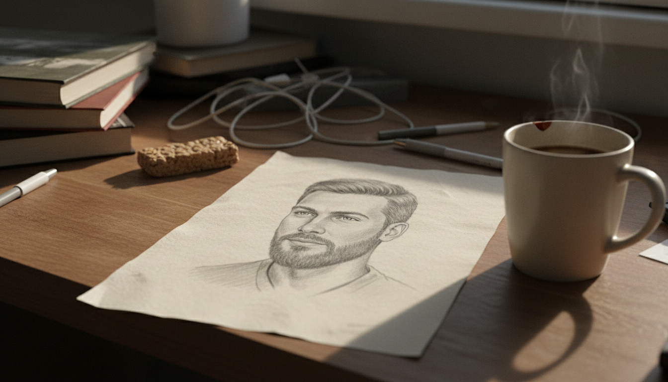 A pencil sketch portrait on a desk next to a cup of coffee
