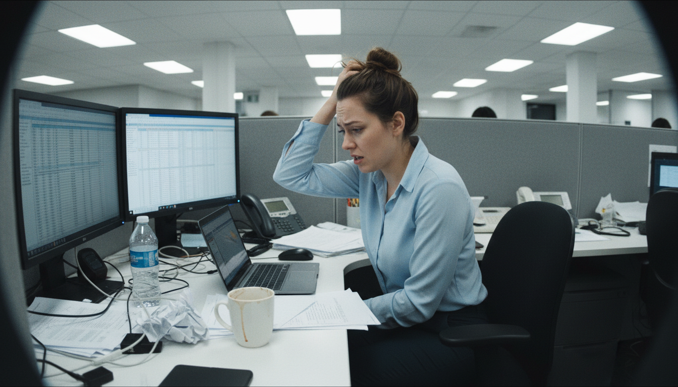 Woman at her office desk looking flustered